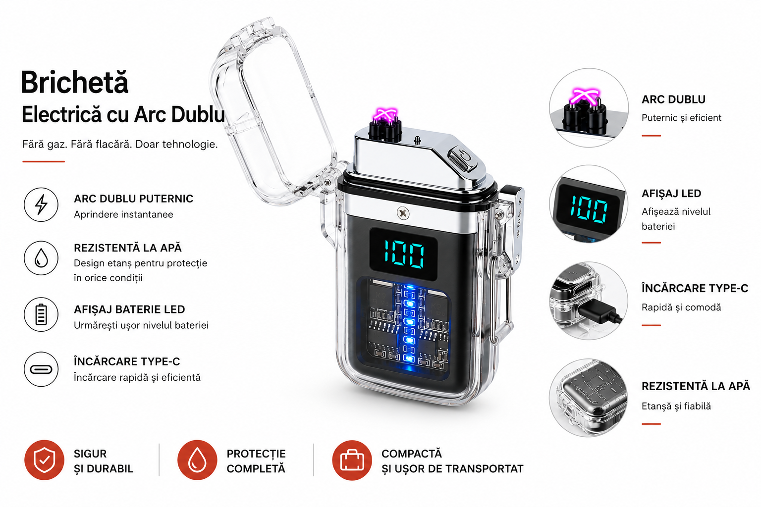 Brichetă Electrică Veșnică cu Arc Dublu Plasma - Reîncărcabilă USB, Rezistentă la Apă și Vânt